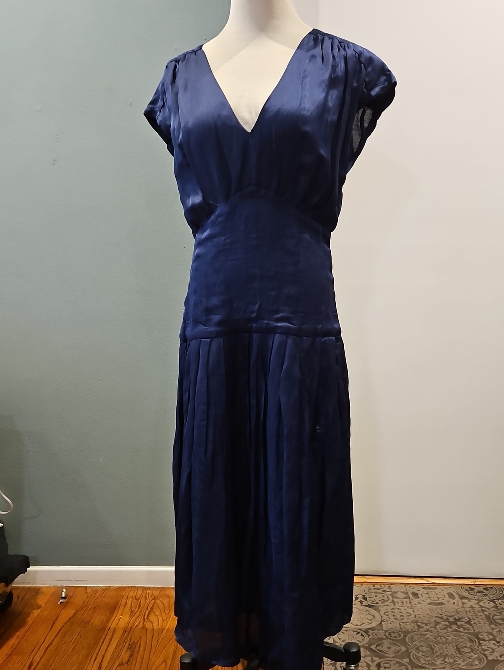 Navy Cotton Linen V-Neck Satin Midi Dress 0300